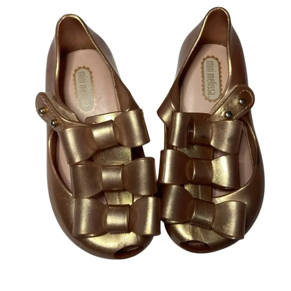 Mini Melissa Ultragirl Triple Bow Rose Gold Glitter Sparkly Dress Flats Shoes